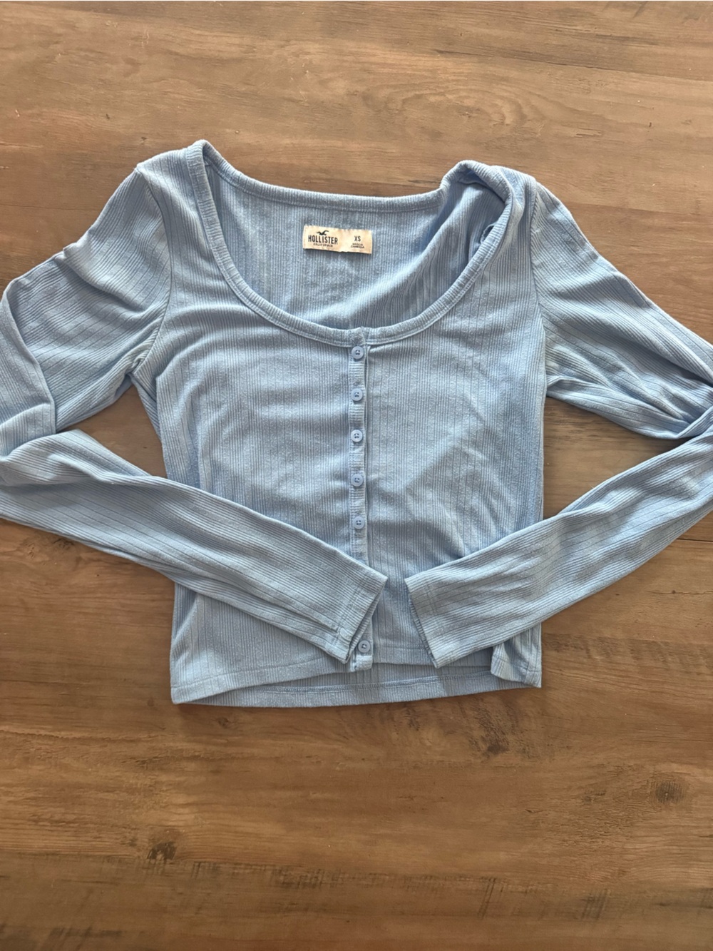 Light Blue Long-Sleeve Ribbed Henley Top